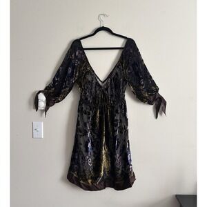Y2K 2000s Whimsigoth Burnout Velvet Dress Floral Purple V Neck‎ Small